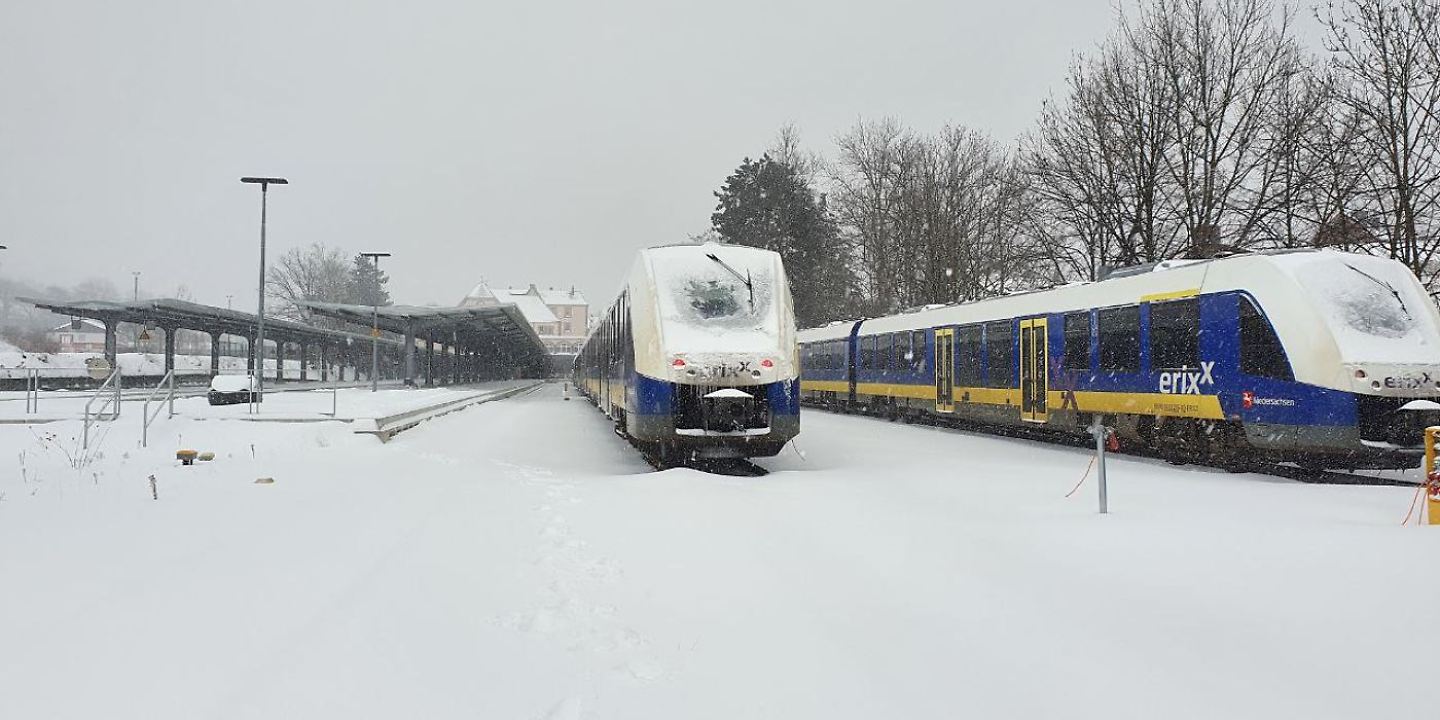 Zug, Schnee, Bahnhof, Metronom
